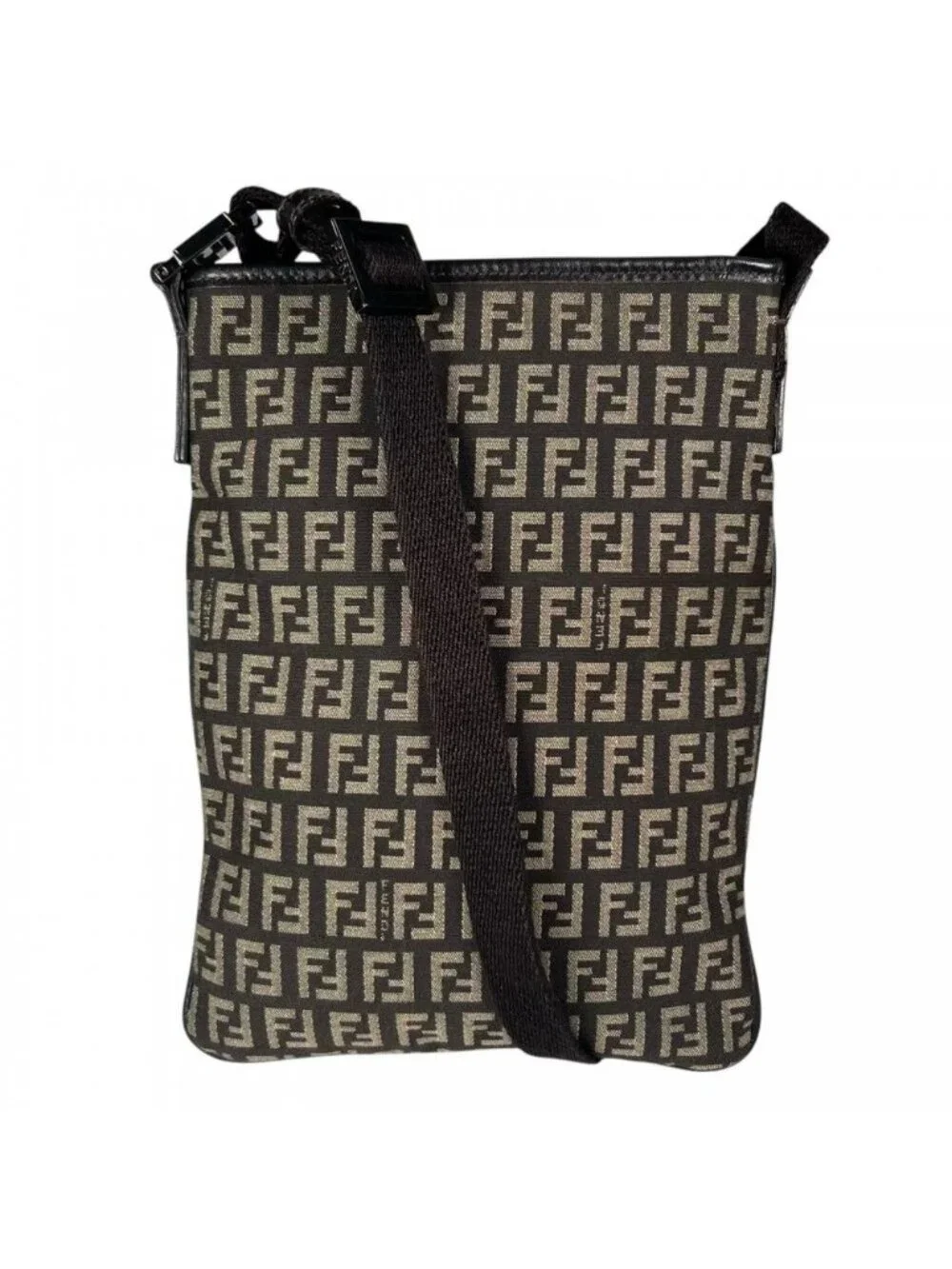 Fendi Shoulder Bag Canvas Leather Brown Silver